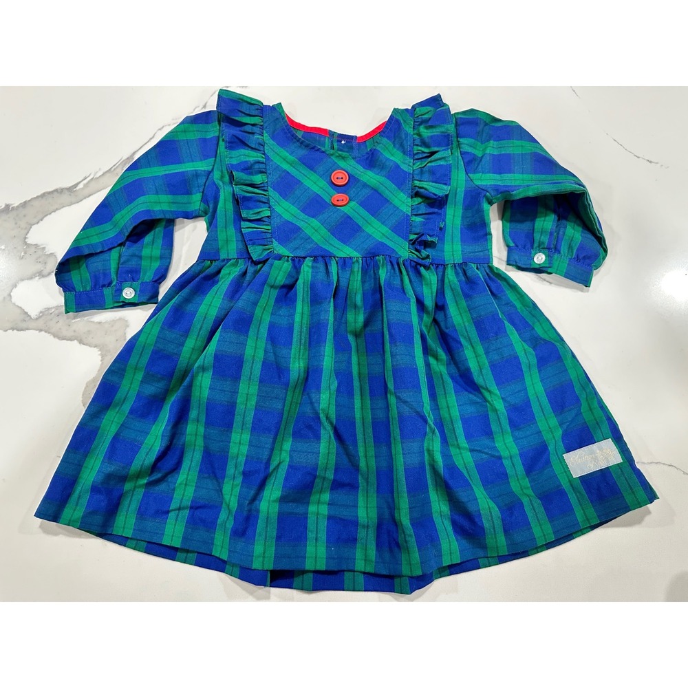 Eleanor Rose Girls Green Blue Plaid Sherry Dress Ruffle Long Sleeve Size 3-4